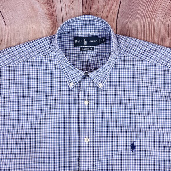 Ralph Lauren Shirt Mens 17 XL Classic Fit Blue Gingham Plaid Button Down Shirt - Picture 1 of 16